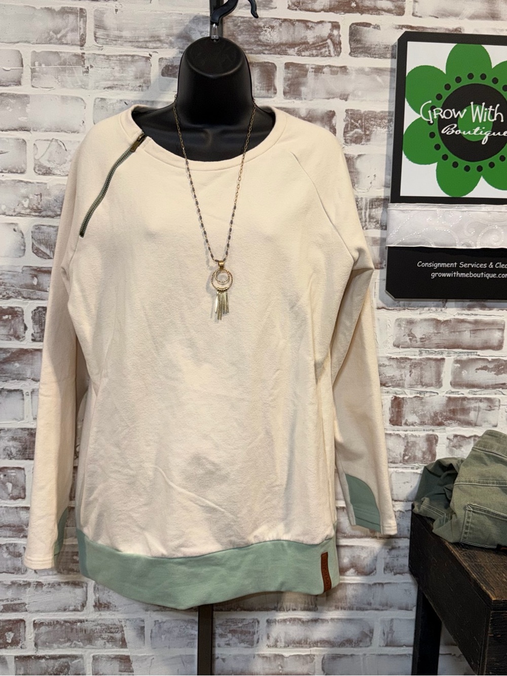 AMPERSAND AVE Cream Pullover with Sage Trim